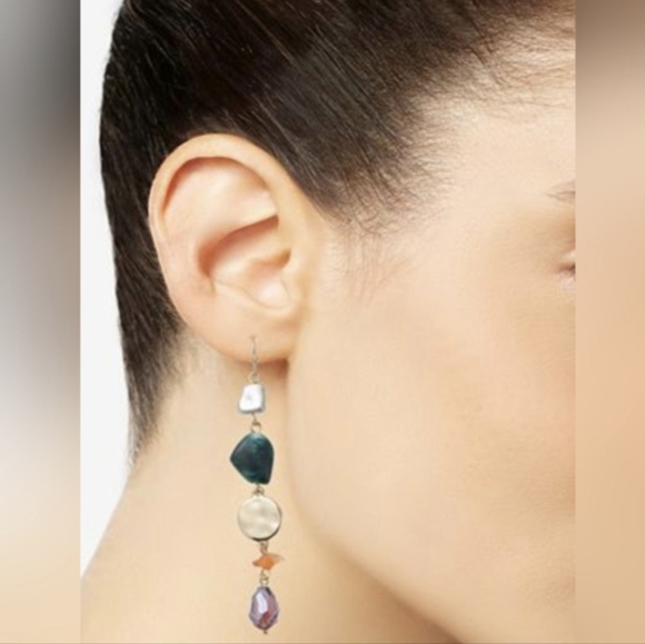 Style & Co Gold-Tone Disc Pearl Mixed Stone Linear 3 inch Drop Earrings NWT - Picture 1 of 6